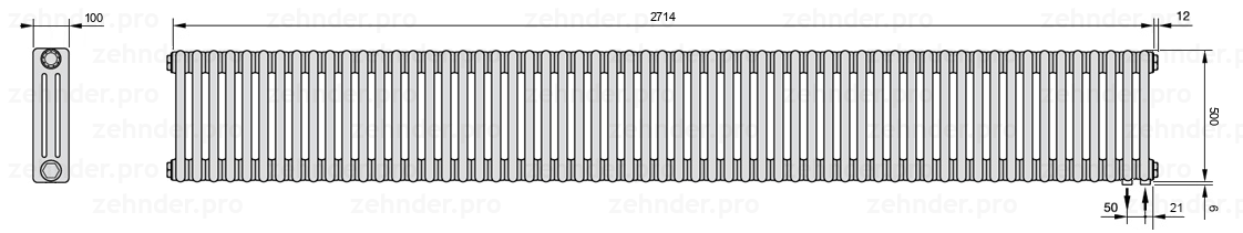 Схема (чертеж) Радиатор Zehnder Charleston 3050/59 №5510 Белый глянцевый RAL 9016